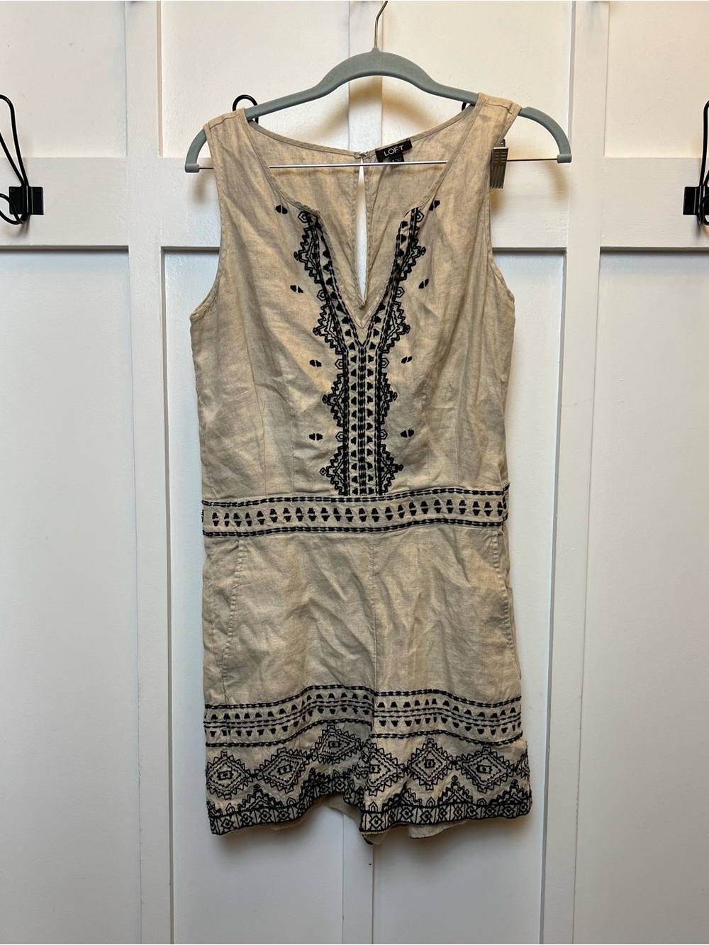 Loft Size 6 100% Linen Tan Black Romper Pockets Boho Festival Preppy Euro Summer